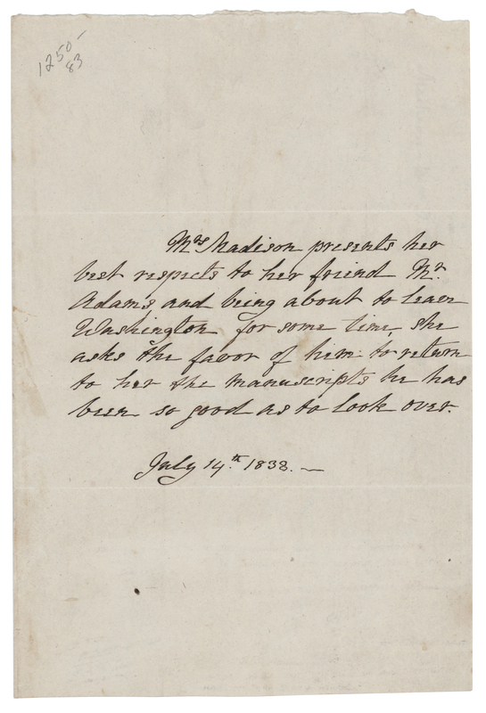 Lot 3 Dolley Madison Third-Person Autograph Letter Signed to John Quincy Adams