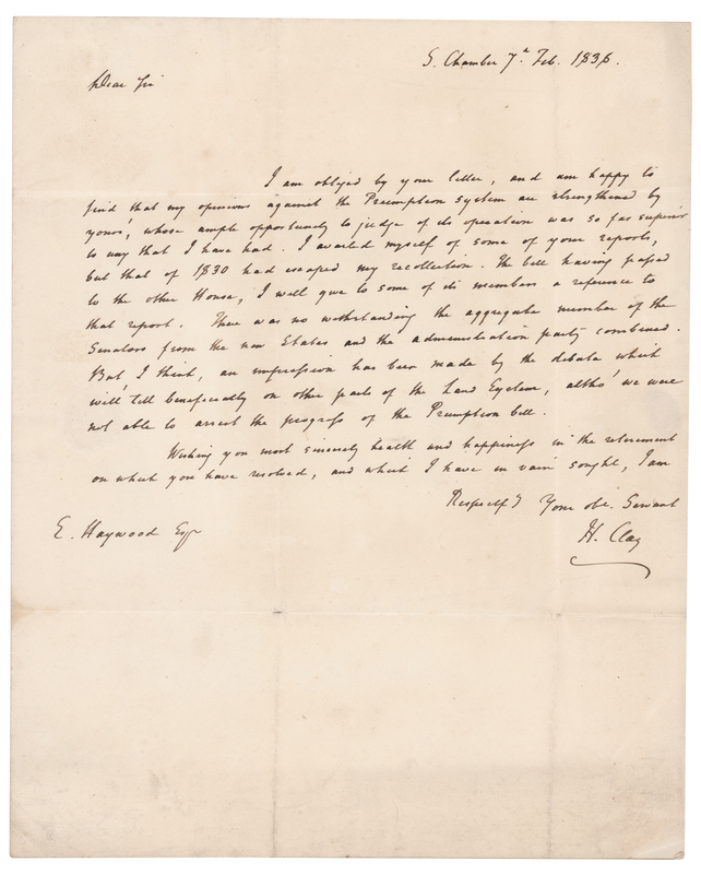 Lot 140 Henry Clay Autograph Letter Signed with Free Frank, on the Preemption Act - A Cornerstone of 'Manifest Destiny'