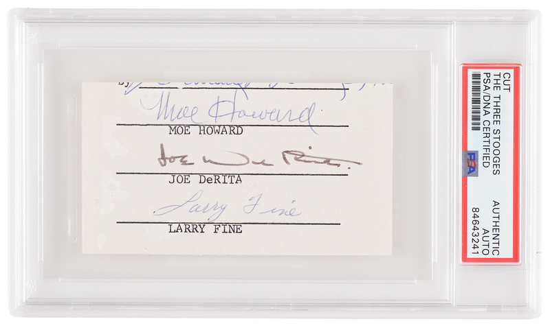 Lot 668 Three Stooges Signatures - Moe Howard, Joe De Rita, and Larry Fine