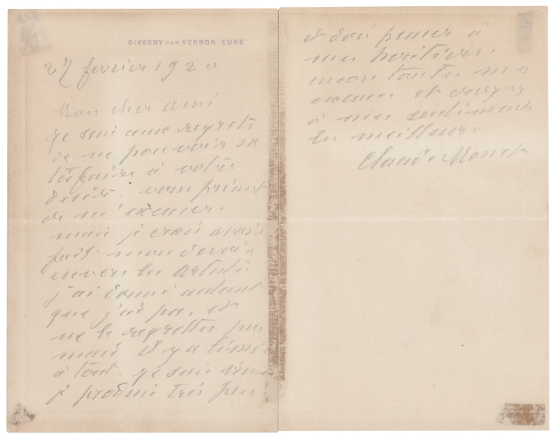Lot 442 Claude Monet Autograph Letter Signed: 