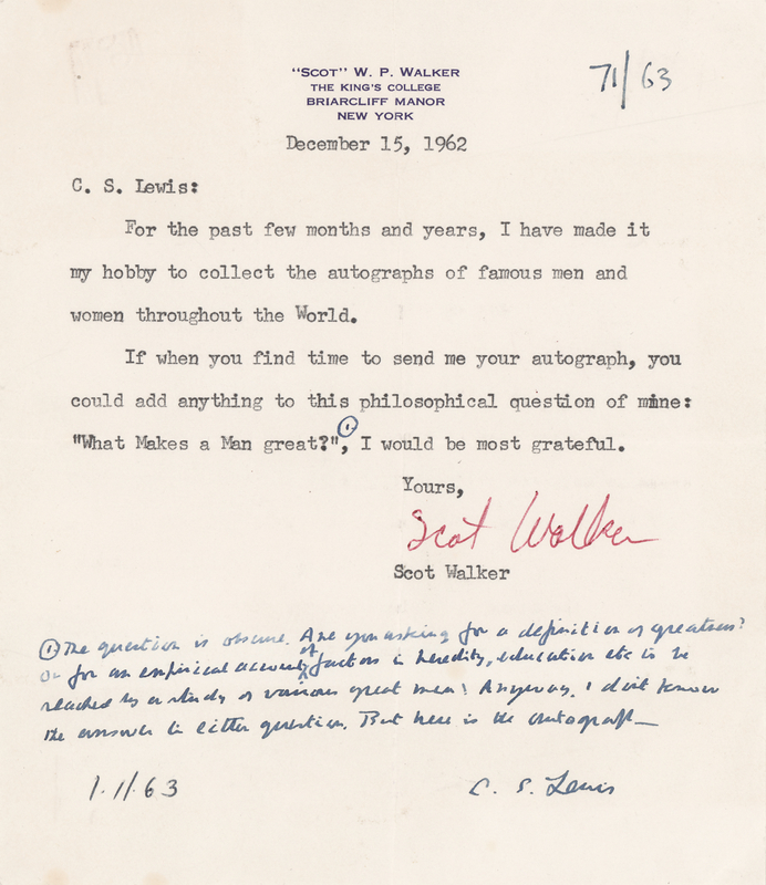 Lot 482 C. S. Lewis Autograph Note Signed on 'What Makes a Man Great'