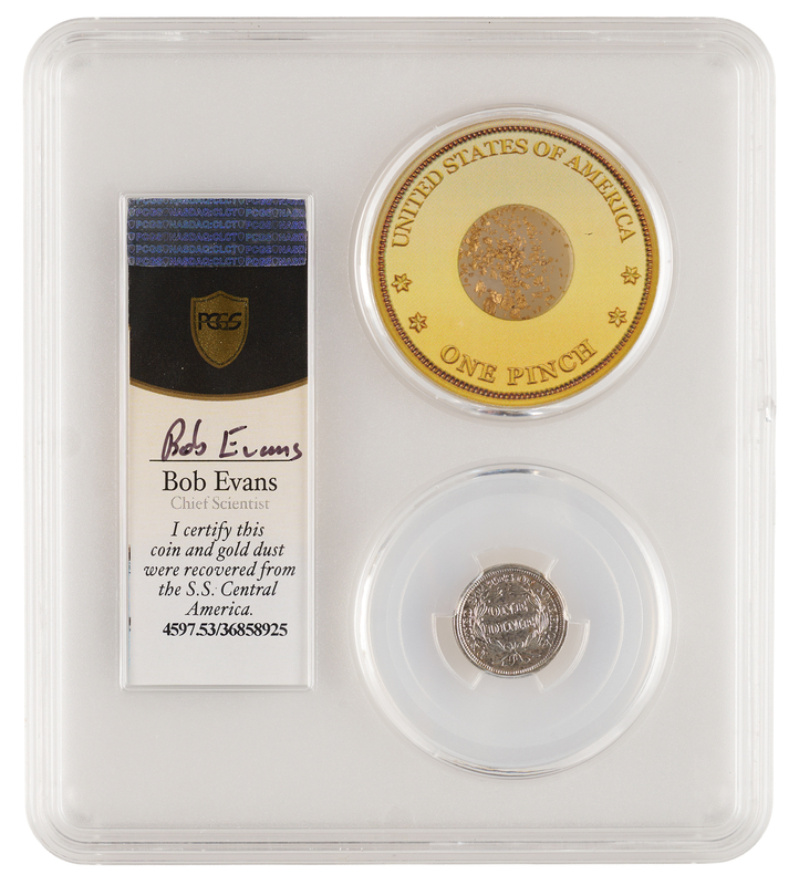 Lot 325 SS Central America Recovered 'Pinch of Gold' and 1852 'Seated Liberty' Dime