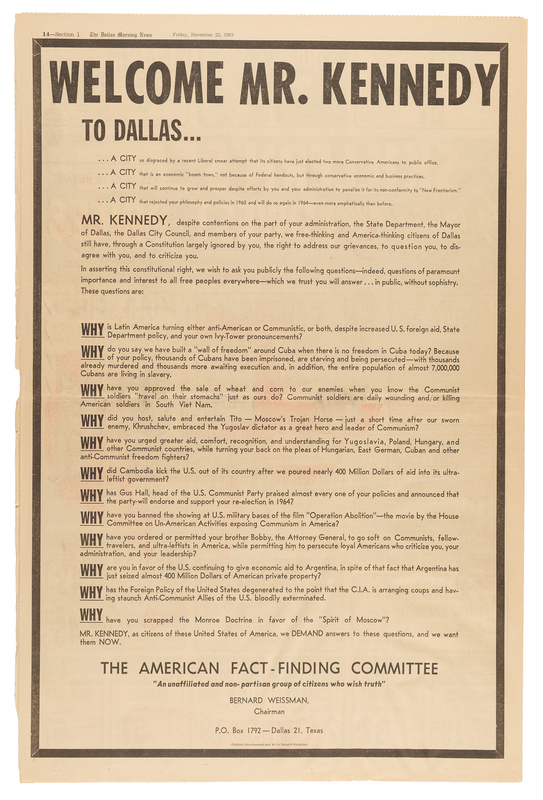 Lot 89 Kennedy Assassination: Dallas Morning News Newspaper with Pre-Assassination Headline and Anti-Kennedy Advertisement (November 22, 1963)
