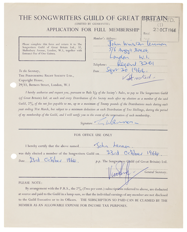 Lot 528 Beatles: John Lennon Signed Membership Application for The Songwriters Guild of Great Britain (1964)