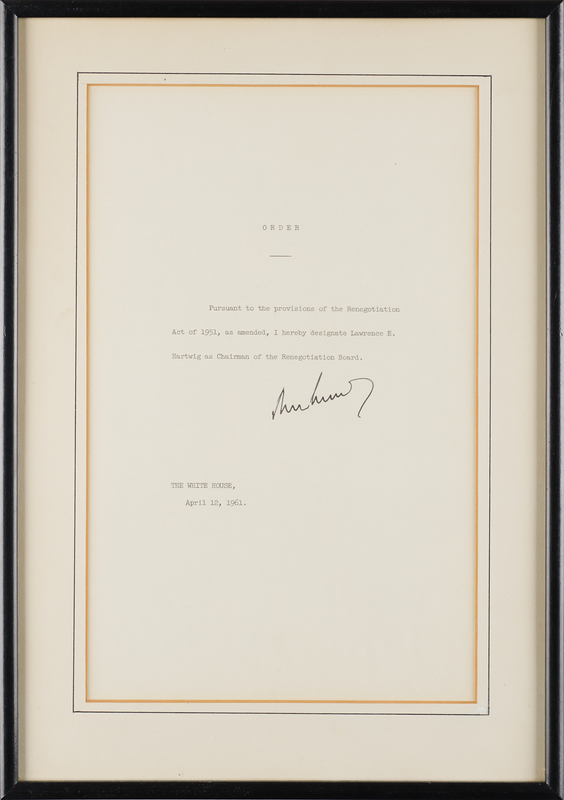 Lot 17 John F. Kennedy Document Signed as President, Appointing Lawrence E. Hartwig as Chairman of the Renegotiation Board
