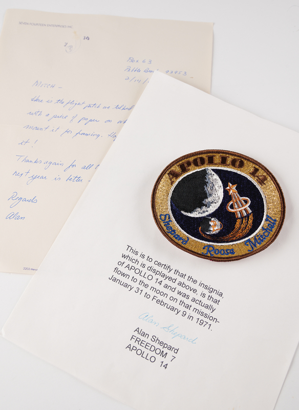 Lot 404 Alan Shepard's Apollo 14 Flown Patch with (8) Signed Items - Presented to His Pebble Beach Golf Caddy