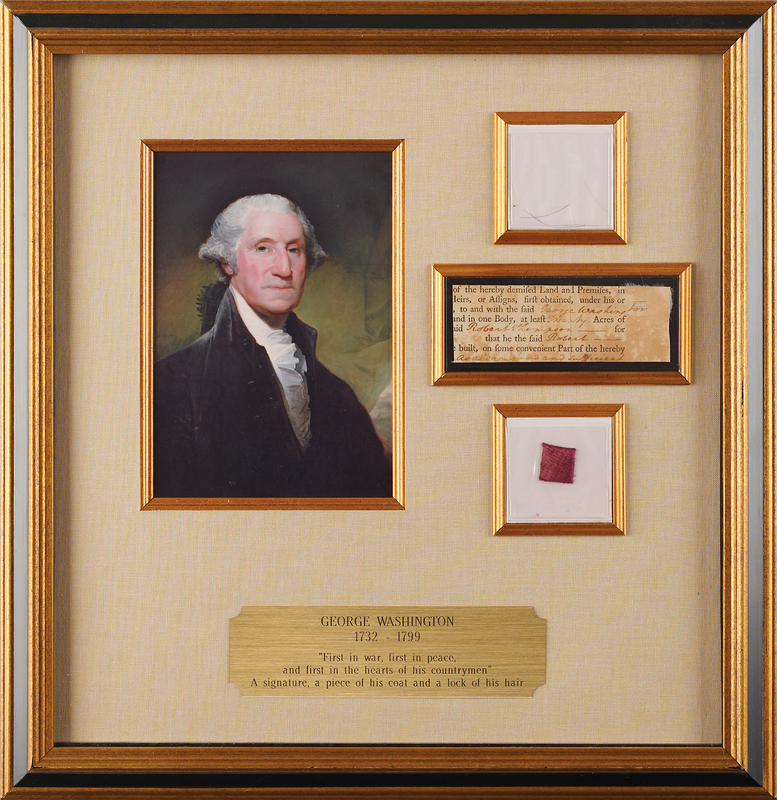 Lot 1 George Washington Signature, Cloak Swatch, and Lock of Hair
