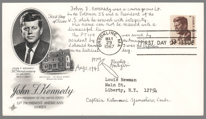 Lot 316 PT-109: Katsumori Yamashiro Signed First Day Cover with Sketch of the PT-109 Incident