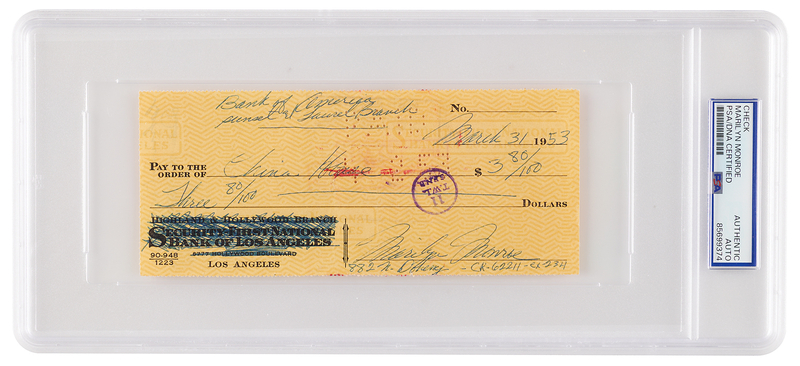 Lot 596 Marilyn Monroe Signed Check, Buying Chinese Food in the Year of Gentlemen Prefer Blondes