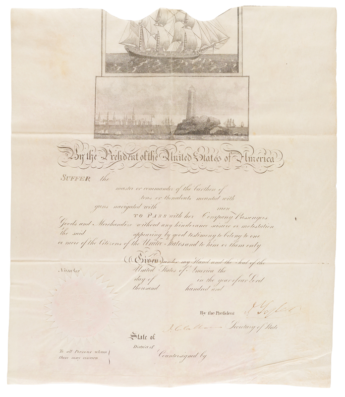 Lot 36 John Tyler and John C. Calhoun Unissued Ship's Pass Signed as President and Secretary of State