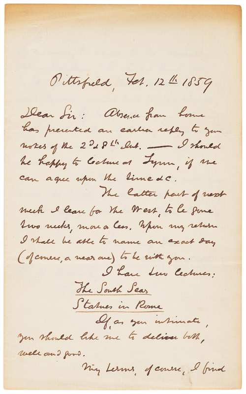Lot 483 Herman Melville Autograph Letter Signed on Lecturing 'The South Seas'