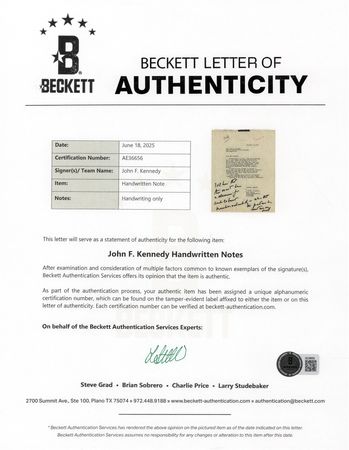 Lot #16 John F. Kennedy Handwritten Note as President-Elect - Two Weeks After the 1960 United States Presidential Election - Image 3