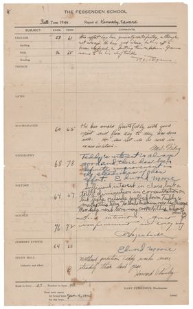 Lot #149 Ted Kennedy's Seventh Grade 'The