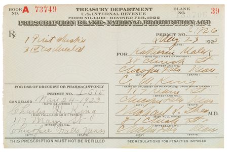 Lot #297 Prohibition: 1923 Liquor Prescription for