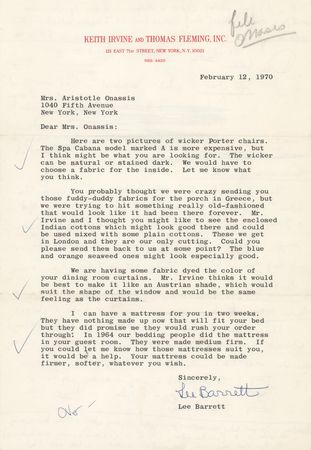 Lot #71 Jacqueline Kennedy Autograph Letter on the Interior Design of the 'Pink House,' Her Retreat on the Greek Isle of Skorpios - Image 3