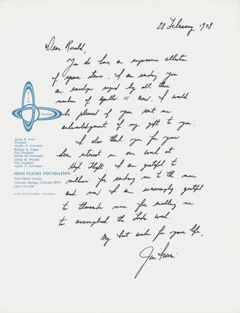 Lot #410 Jim Irwin Autograph Letter Signed: I am