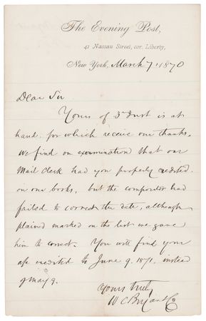 Lot #499 William Cullen Bryant Autograph Letter
