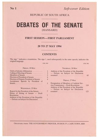 Lot #224 Nelson Mandela Signed 1994 'Debates of the Senate' Booklet - Image 2