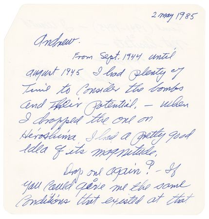 Lot #311. Enola Gay: Paul Tibbets Autograph Letter Signed - "When I dropped the one on Hiroshima, I had a pretty good idea of its magnitude"