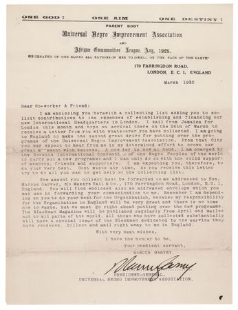 Lot #221 Marcus Garvey Typed Letter Signed