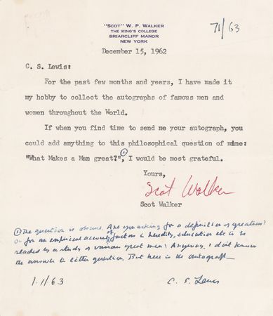 Lot #482 C. S. Lewis Autograph Note Signed on