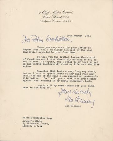 Lot #477 Ian Fleming Typed Letter Signed,