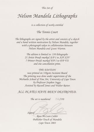 Lot #227 Nelson Mandela Signed Lithograph - 'The Tennis Court' (Ltd. Ed. # 152/350) (20˝ x 16˝) - Image 5