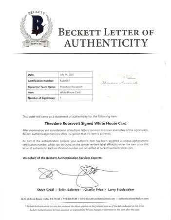 Lot #51 Theodore Roosevelt Signed White House Card - Image 3