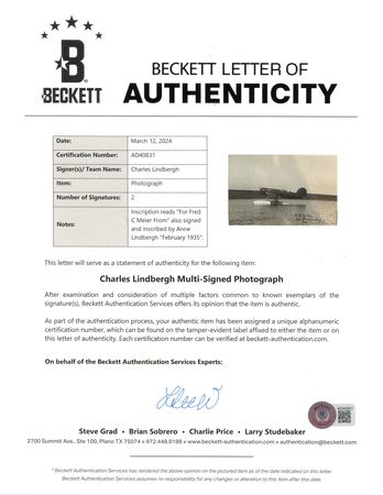Lot #333 Charles and Anne Lindbergh Signed Photograph of Their Lockheed Seaplane in Nanking, China - Image 2