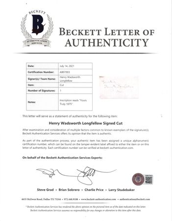 Lot #514 Henry Wadsworth Longfellow Signature - Image 3