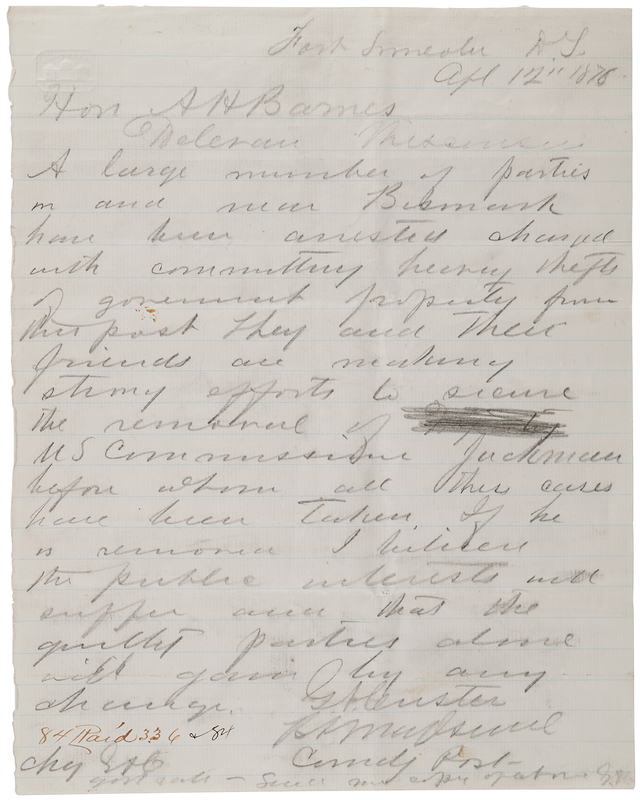 Lot 6031 George A. Custer Autograph Telegram Signed, Maintaining Order on the Dakota Frontier Two Months Before the Battle of the Little Bighorn