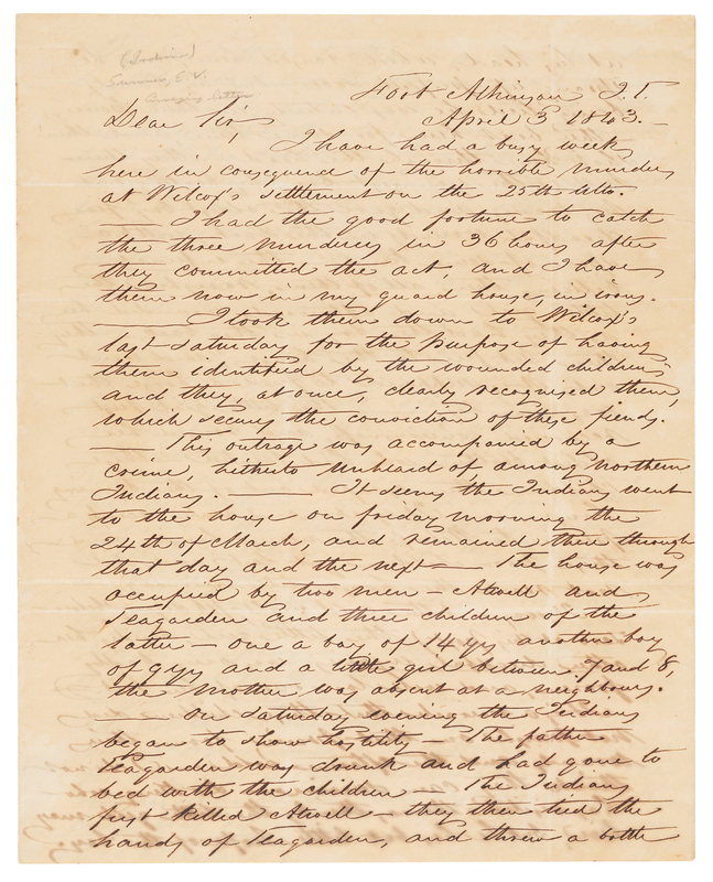 Lot 6063 Capt. E. V. Turner Autograph Letter Signed, Detailing Frontier Violence, Tensions with the Winnebago, and 