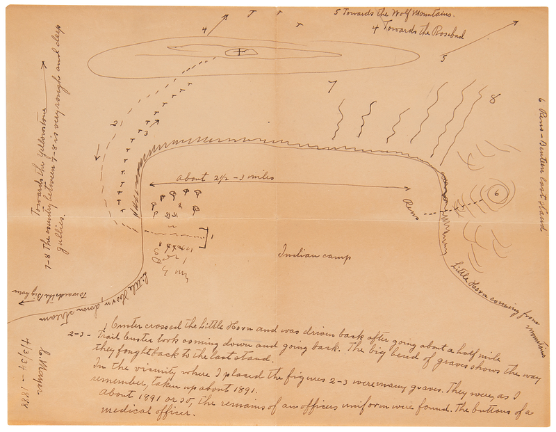 Lot 6036 [George A. Custer] Battle of the Little Bighorn Hand-Drawn and Annotated Map by Casper Mayer, Troop G, 1st Cavalry