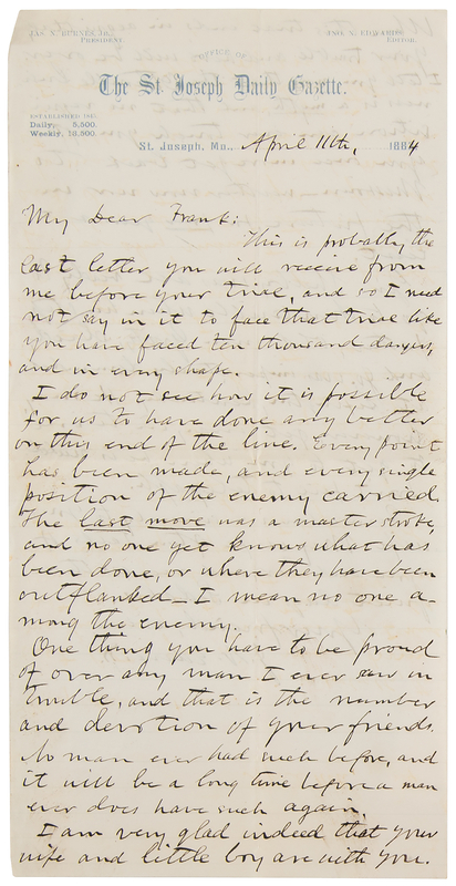 Lot 6152 James-Younger Gang: John Newman Edwards Autograph Letter Signed to Frank James: 