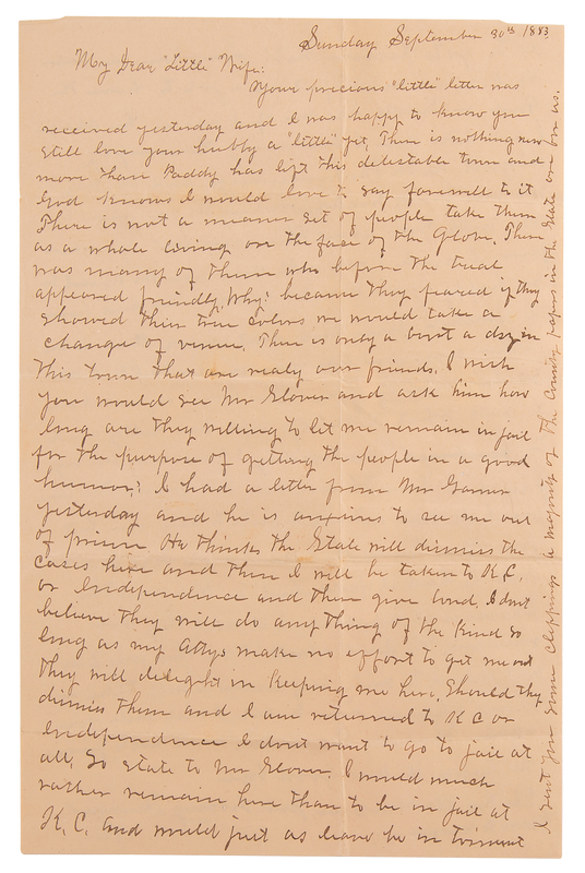 Lot 6138 Frank James Autograph Letter Signed to His Wife, Awaiting Trial in Gallatin, Missouri: 