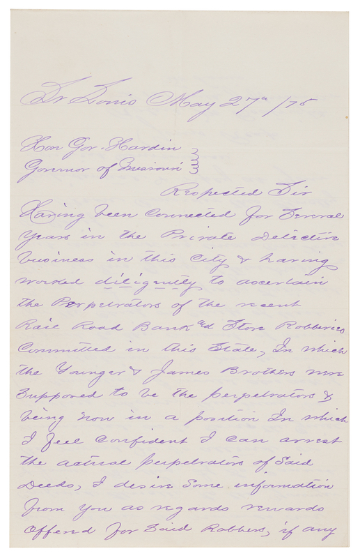 Lot 6150 James-Younger Gang: Robert M. Boatright Autograph Letter Signed to Gov. Charles H. Hardin, Inquiring 