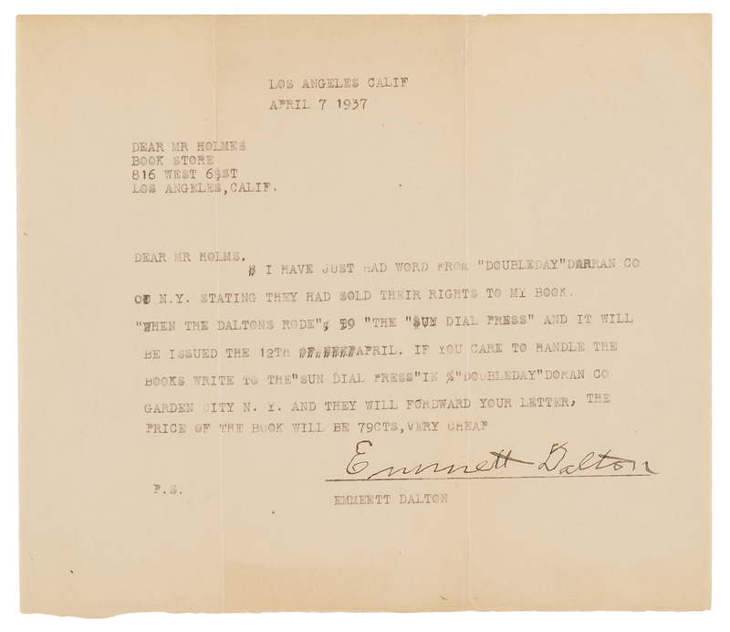 Lot 6132 Emmett Dalton Typed Letter Signed on His Book, 'When the Daltons Rode'