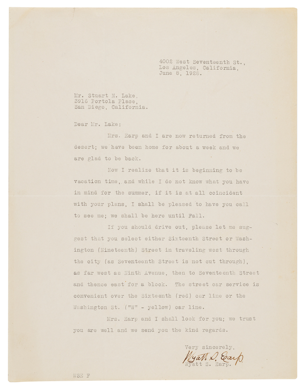 Lot 6114 Wyatt Earp Typed Letter Signed to Biographer Stuart N. Lake, the Creator of Earp's Enduring Legend