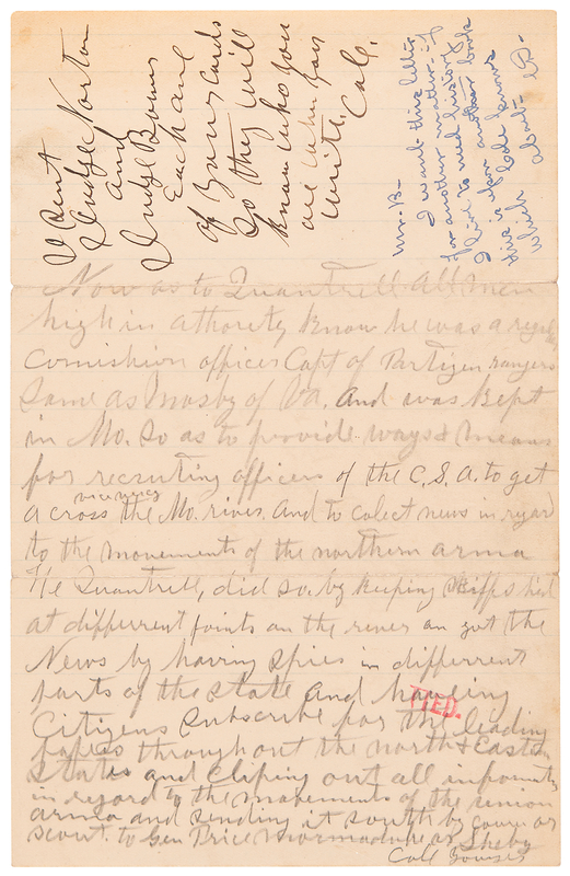 Lot 6155 Cole Younger Twice-Signed Autograph Letter on Confederate Guerrilla William Quantrill: 