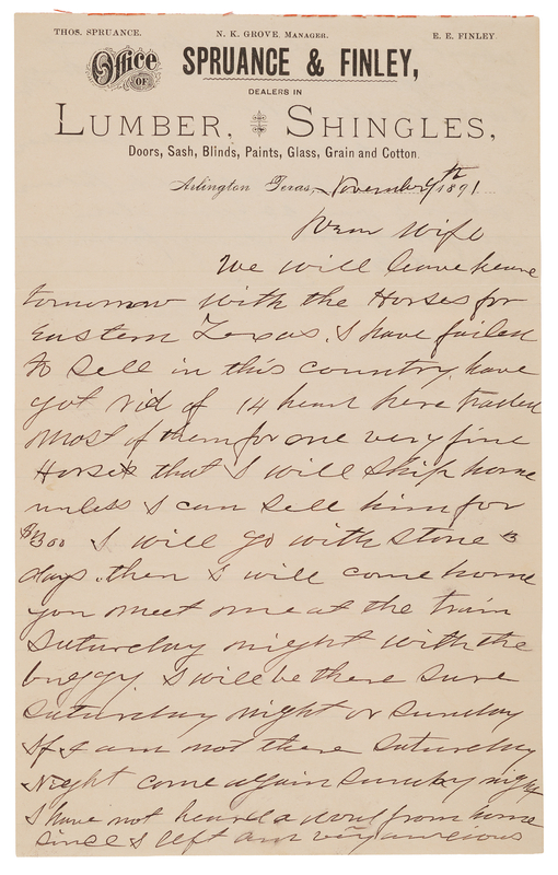 Lot 6117 Pat Garrett Autograph Letter Signed to His Wife on the Texas Horse-Trade: 