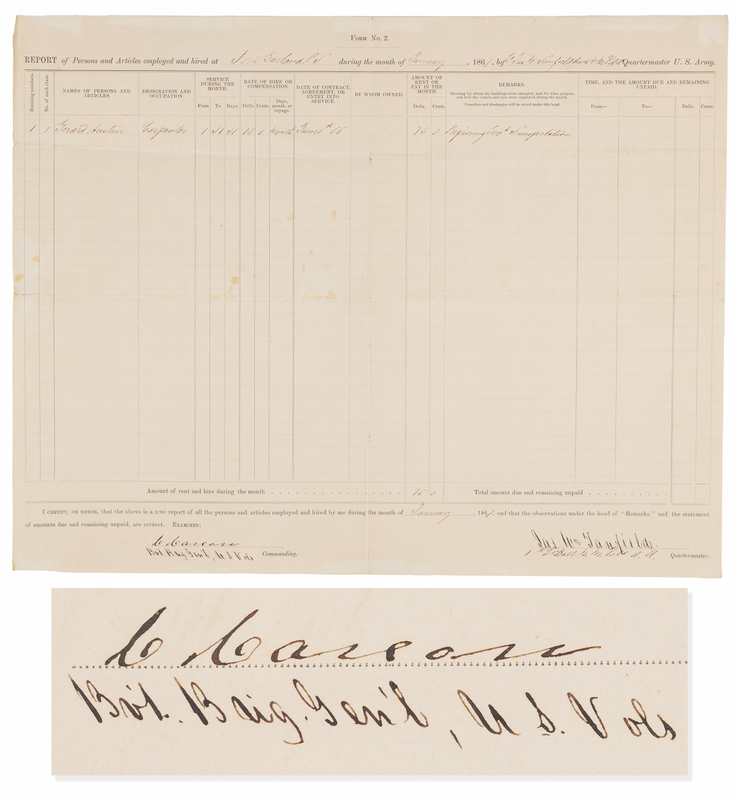 Lot 6041 Kit Carson Document Signed - Report of Persons and Articles Employed and Hired at Fort Garland (1867)