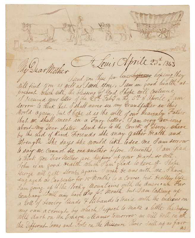 Lot 6014 William Wilson Autograph Letter Signed on an Overland Journey with the American Fur Company and Trade with the Indians, with Wagon Train Sketch