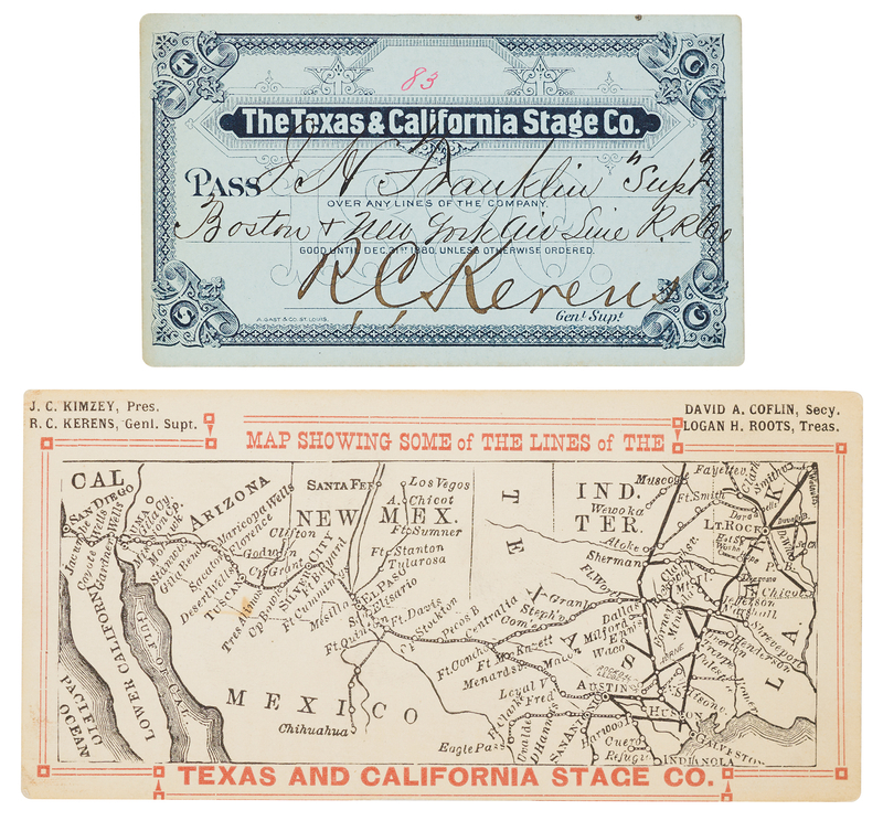 Lot 6110 Stagecoach: 1880 Texas & California Stage Co. Pass and Route Map