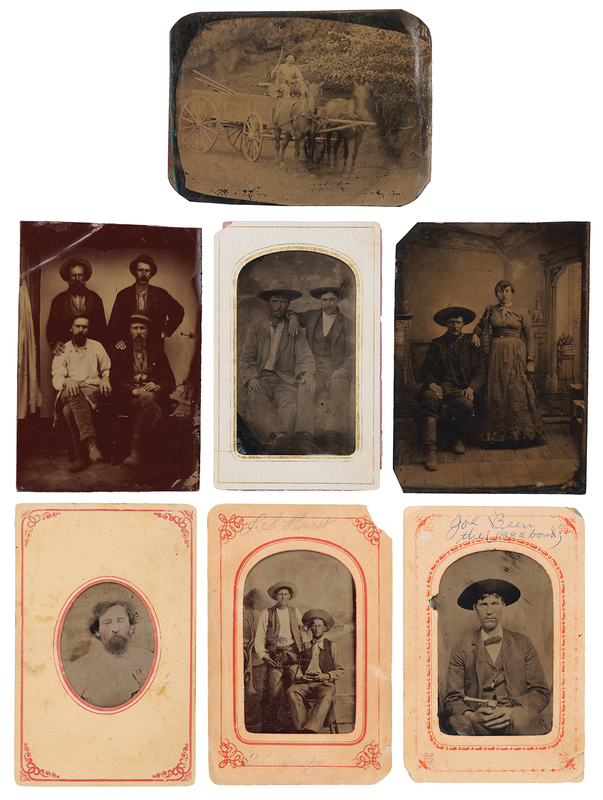 Lot 6096 Western Tintypes (7): Four Men, Bearded Man, Cowboys Hearst & Glispy, Cowboy and Wife, Rifleman in Wagon, Two Men, and Outlaw Vagabond with Revolver