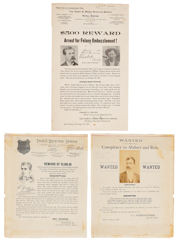 Lot 6153 American Wanted Posters (3) Issued by Law Enforcement and Detective Agencies in 1891 and 1903