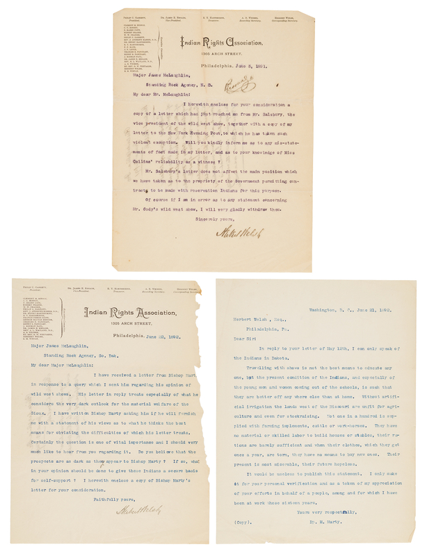 Lot 6180 Native Americans (3) Indian Rights Association Letters on Reservation Conditions and Wild West Shows (1891-1892)