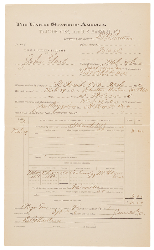 Lot 6128 Indian Territory: Expense Voucher for E. B. Ratteree, a Deputy U.S. Marshall Under Judge Isaac Parker (1890)