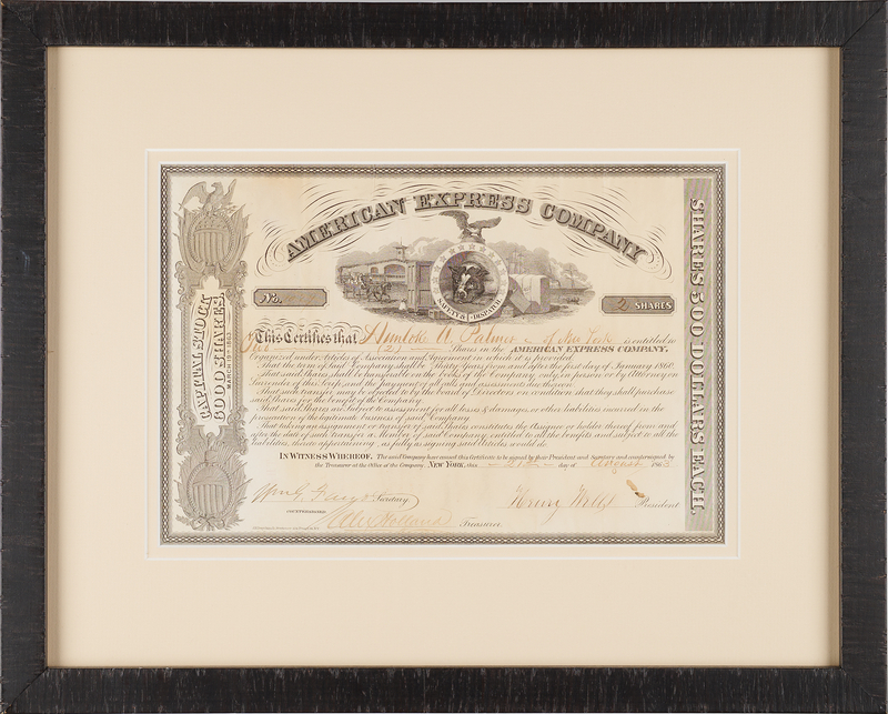 Lot 6019 Henry Wells and William Fargo Document Signed - American Express Company Stock Certificate