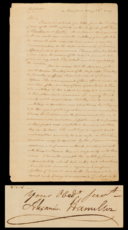 Lot 6011 Alexander Hamilton Letter Signed as Inspector General on Military Authority Over Indian Affairs (1799)