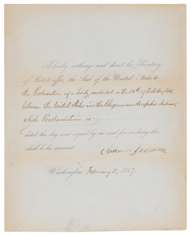 Lot 6007 Andrew Johnson Document Signed as President, Proclaiming an Infamous Treaty with 
